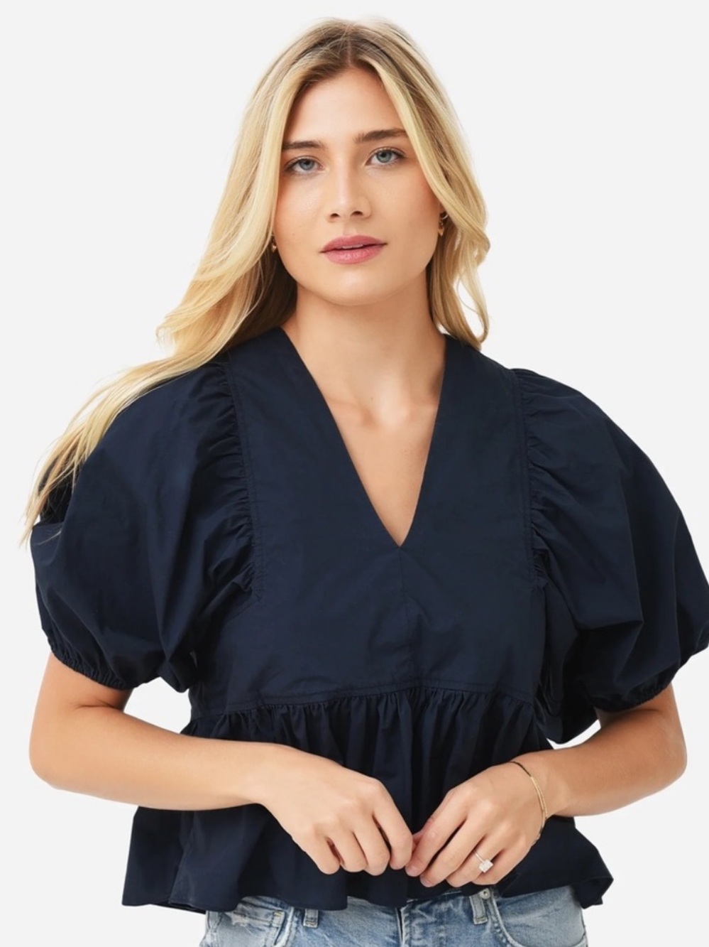 Hunter Bell Landry V-Neck Puff Sleeve Peplum Top in Navy